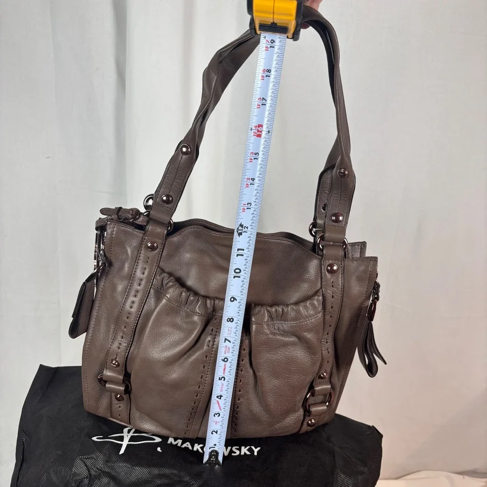 B Makowsky Cocoa Glove Leather north/South Pocket Tote with Gunmetal‎ Studs NWOT